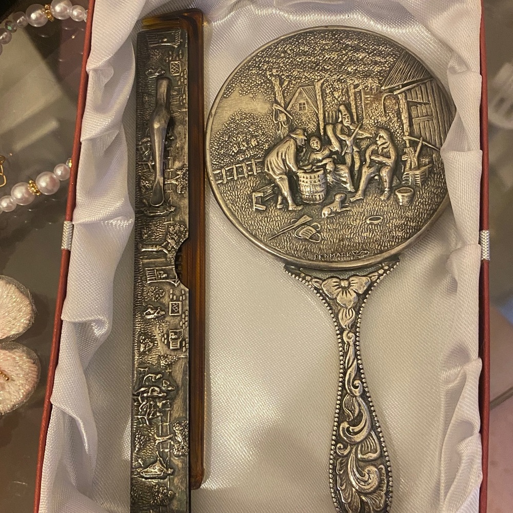 vintage Hans Jensen Denmark Repousse Hand Mirror, detailed village or tavern